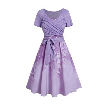 

Flower Print Sleeveless A Line Midi Dress And Heather Crossover Bowknot Tied Cropped Top Set, Purple