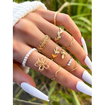 

10 Pcs Flower Faux Pearl Trendy Rings Set, Golden