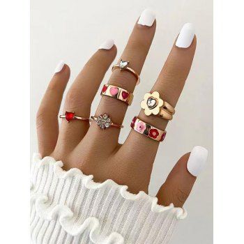 

6 Pcs Flower Heart Rhinestone Trendy Rings Set, Golden