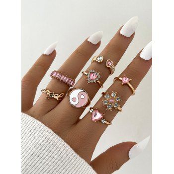 

8Pcs Artificial Crystal Heart Letter Alloy Finger Rings Set, Golden