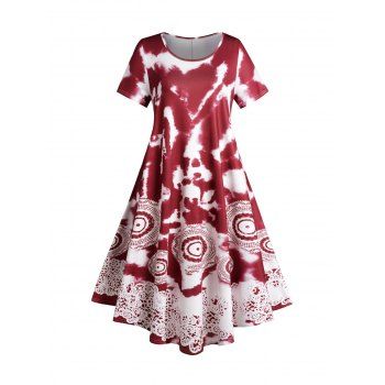 

Plus Size & Curve Dress Tie Dye Printed Round Neck Loose A Line Maxi Dress, Deep red