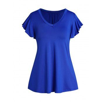 

Plus Size T Shirt Plain Color Ruffle Sleeve V Neck Casual Tee, Blue