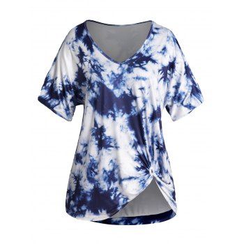 

Plus Size T Shirt Tie Dye Print Slit Sleeve V Neck Twisted Casual Tee, Deep blue