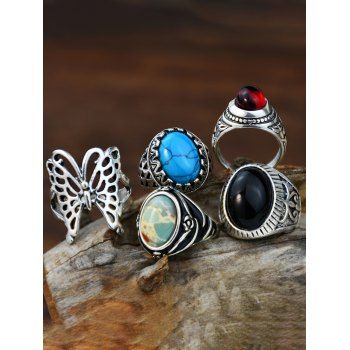 

5 Pcs Retro Rings Set Hollow Out Butterfly Faux Turquoise Vintage Rings Set, Multicolor