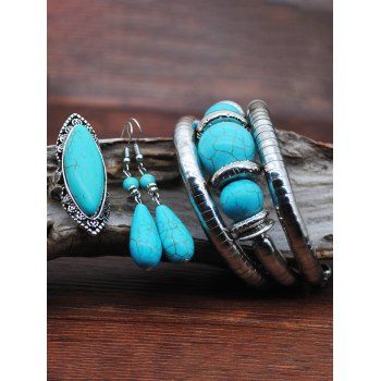 

3Pcs Artificial Turquoise Ring Drop Earrings Bracelet Set, Multicolor