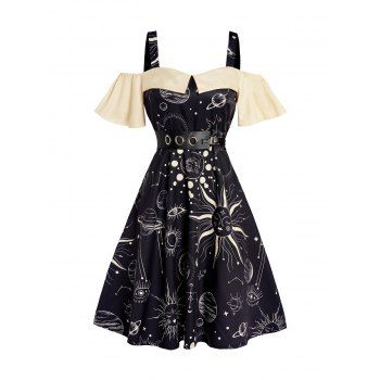 

Celestial Sun Moon Star Eye Print Belted Gothic Dress Colorblock Cold Shoulder Short Sleeve Dress, Black