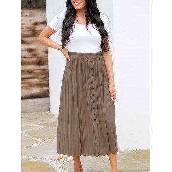 

Pleated Slit Mock Buttom Midi Skirt Solid Color High Waist Skirt, Coffee