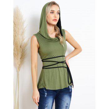 

Colorblock Hooded Tank Top High Low Belted Casual Tank Top, Green