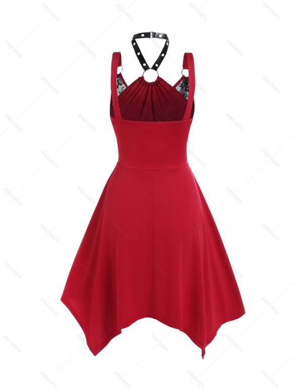 Robe Corset Asymétrique Rose Gothique Ligne A en O à Lacets - Rouge foncé M
