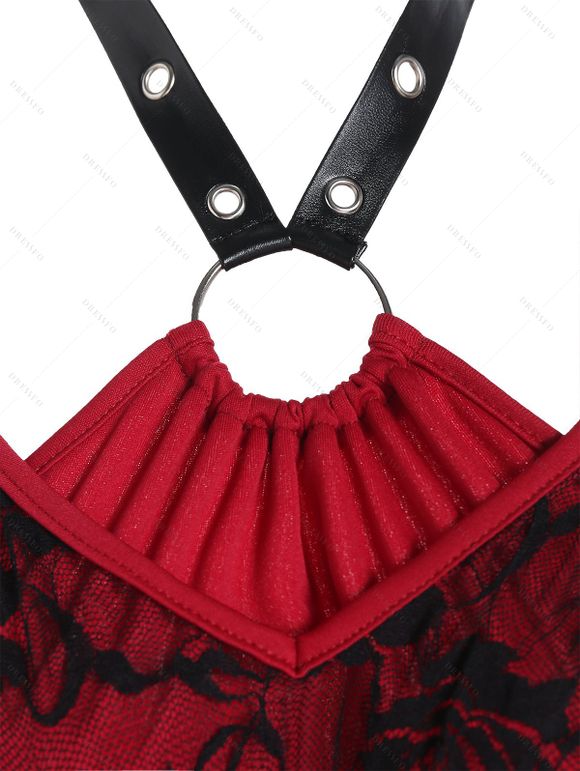 Robe Corset Asymétrique Rose Gothique Ligne A en O à Lacets - Rouge foncé M