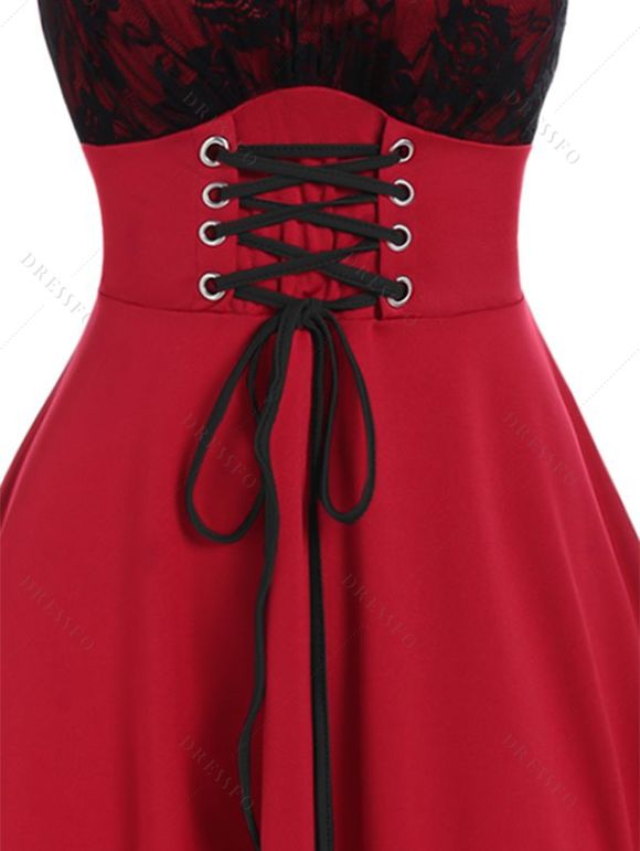 Robe Corset Asymétrique Rose Gothique Ligne A en O à Lacets - Rouge foncé M