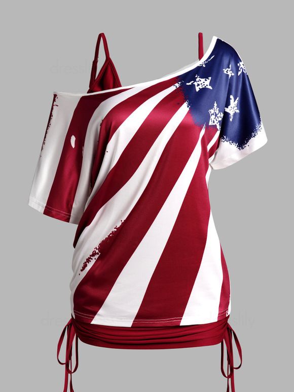 Ensemble de T-shirt à Imprimé Drapeau Américain à Col Oblique et de Débardeur Long Patriotique - Rouge foncé XXL