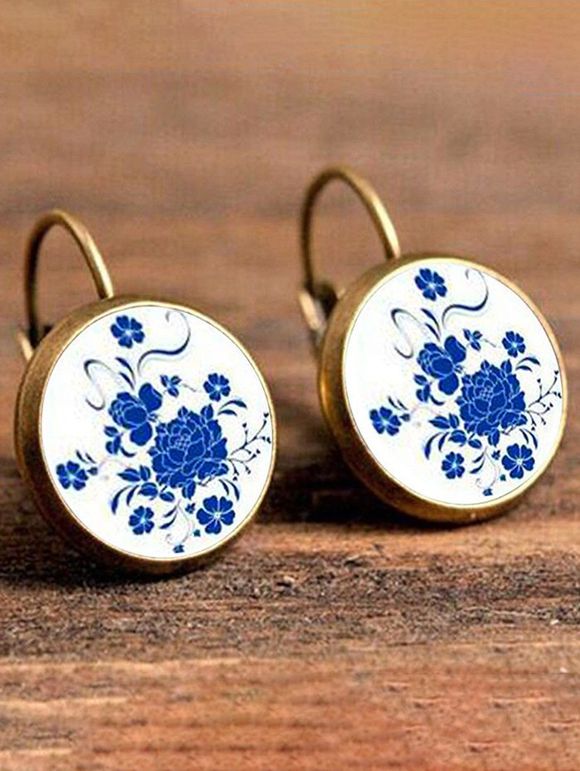 Boucles D'Oreilles Pendantes Mode à Imprimé Fleurs et Géométrie - Bleu 