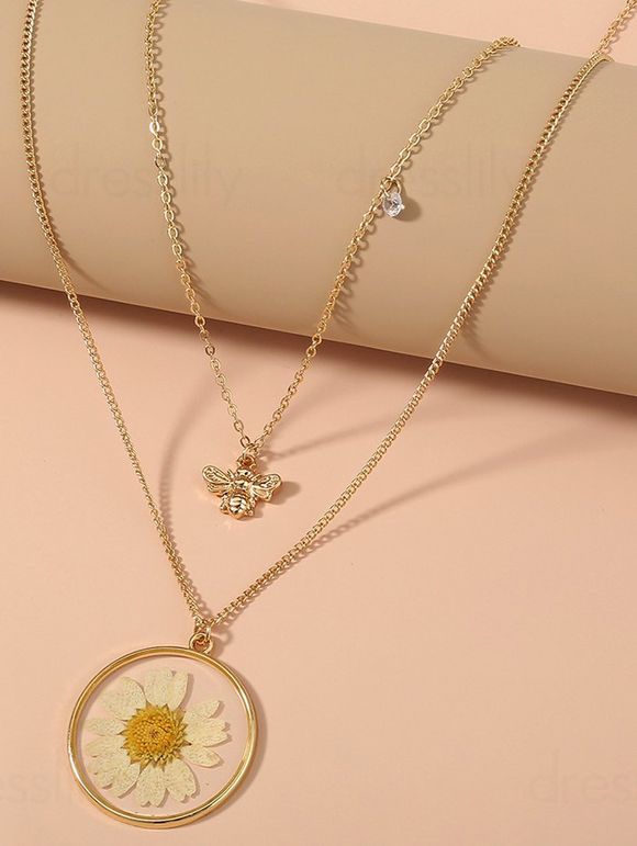 Collier Tendance à Plusieurs Branches avec Pendentifs Fleur et Abeille - d'or 