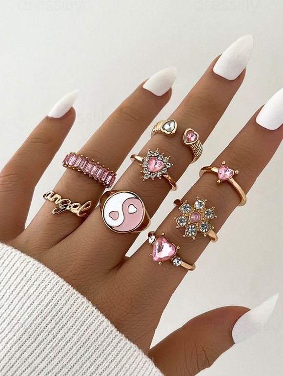 8 Pièces Ensemble de Bagues en Alliage Motif Lettre Cœur en Cristal Fantaisie - d'or 
