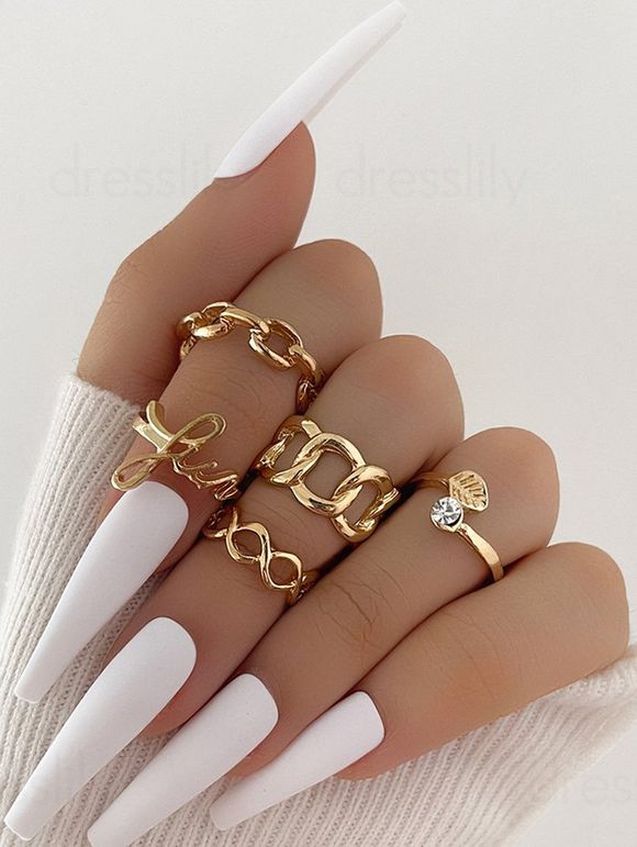 5 Pièces Ensemble de Bagues Feuille Evidée avec Strass - d'or 