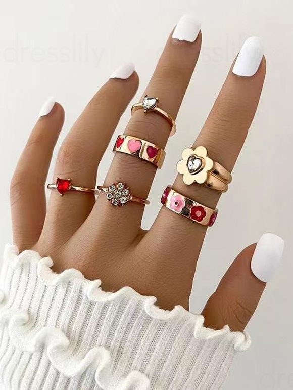 6 Pièces Ensemble de Bagues Tendances Motif Cœur Fleur et Strass - d'or 