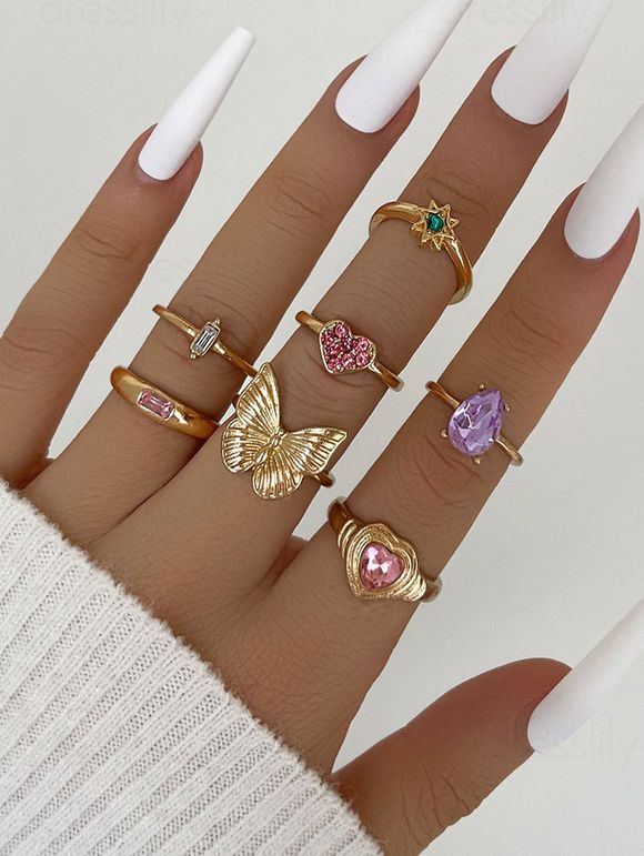 7 Pièces Ensemble de Bagues Papillon Cœur Goutte D'Eau avec Strass en Alliage - d'or 