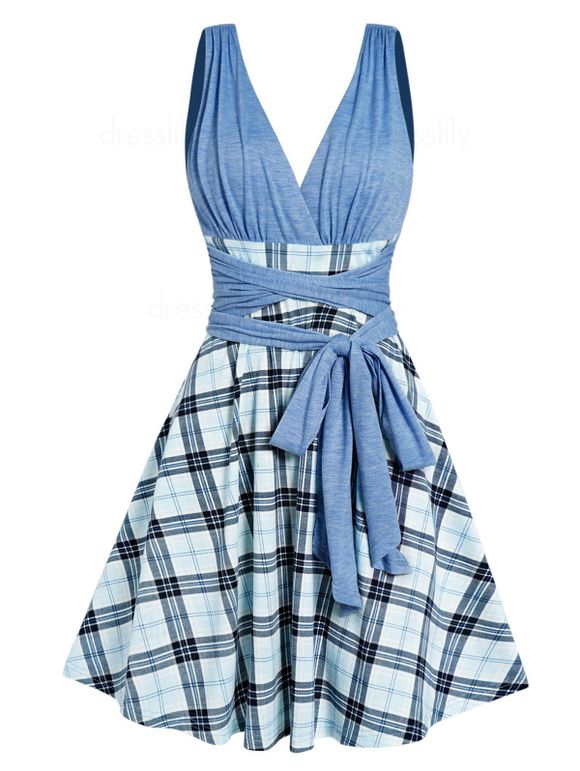 Plaid Print Surplice Plunge Mini Dress Ruched Bandage Bowknot High Waist Sleeveless Dress - LIGHT BLUE S