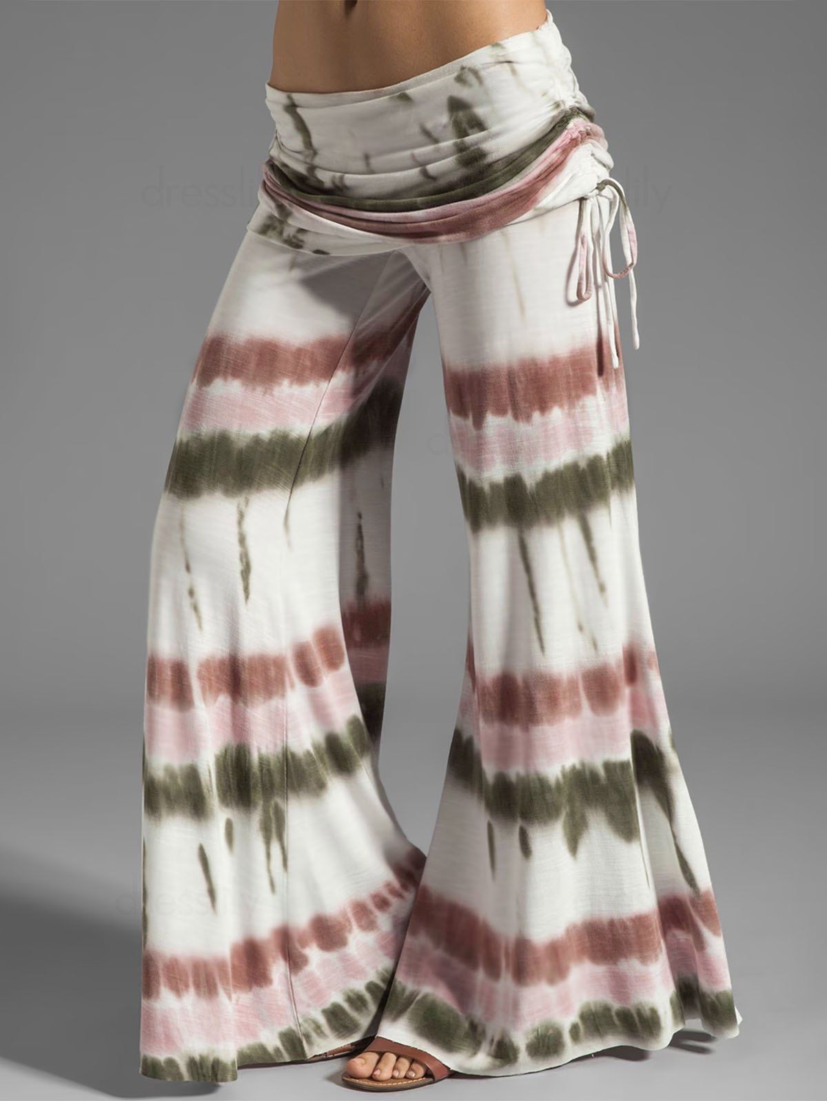 Women Tie Dye Print Wide Leg Pants Cinched Foldover Elastic Waist Long Relaxed Pants Clothing Xxxxxl Multicolor