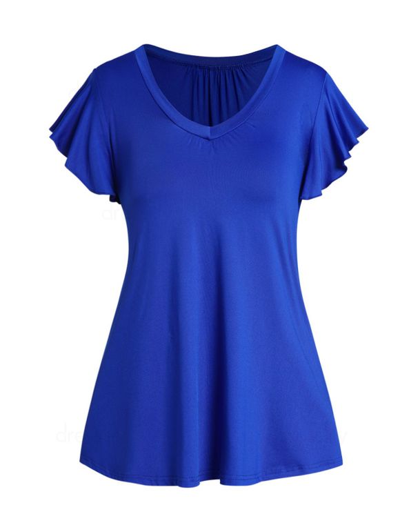 T-shirt Décontracté Simple en Couleur Unie Manches à Volants de Grande Taille - Bleu XL