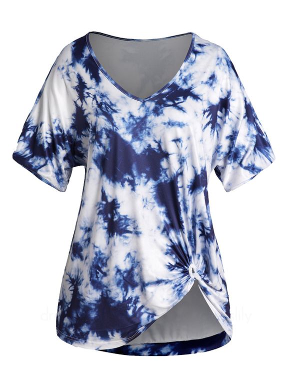 T-shirt Décontracté Torsadé Teinté Imprimé Manches Fendues de Grande Taille - Bleu profond 2X