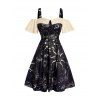 Celestial Sun Moon Star Eye Print Belted Gothic Dress Colorblock Cold Shoulder Short Sleeve Dress - BLACK S