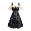 Celestial Sun Moon Star Eye Print Belted Gothic Dress Colorblock Cold Shoulder Short Sleeve Dress - BLACK S