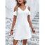 Cold Shoulder Jacquard Hollow Out Mini Dress Lace Strap Pure Color Short Sleeve V Neck Dress - WHITE XL