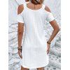 Cold Shoulder Jacquard Hollow Out Mini Dress Lace Strap Pure Color Short Sleeve V Neck Dress - WHITE L