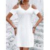 Cold Shoulder Jacquard Hollow Out Mini Dress Lace Strap Pure Color Short Sleeve V Neck Dress - WHITE L