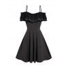 Cold Shoulder Dress Ruffle Lace Foldover High Waisted A Line Mini Dress - BLACK S
