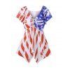 American Flag Print Cinched Asymmetric T-shirt Plunge Short Sleeve Handkerchief Tee - RED M