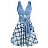 Plaid Print Surplice Plunge Mini Dress Ruched Bandage Bowknot High Waist Sleeveless Dress - LIGHT BLUE S