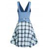 Plaid Print Surplice Plunge Mini Dress Ruched Bandage Bowknot High Waist Sleeveless Dress - LIGHT BLUE S