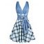 Mini Robe Superposée Plongeante à Carreaux Imprimé à Taille Haute sans Manches avec Nœud Papillon - Bleu clair L