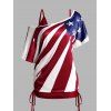 American Flag Print Skew Neck T Shirt And Plain Color Cinched Ruched Long Tank Top Patriotic Two Piece Set - DEEP RED M