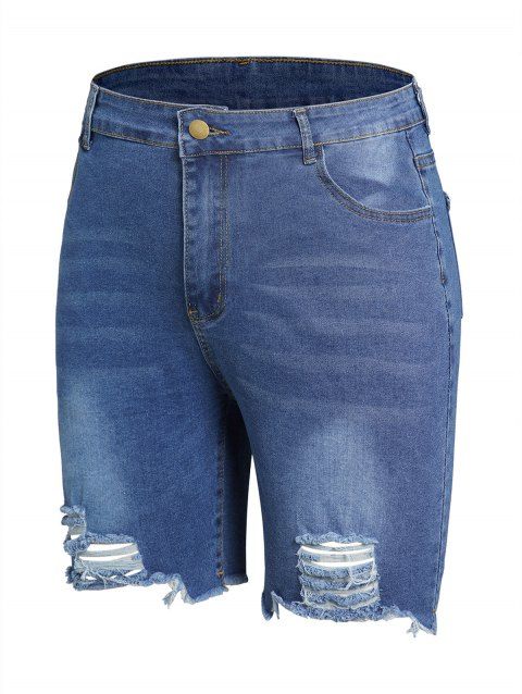 Plus Size Jeans Shorts Zipper Fly Multi Pockets Ripped Frayed Hem Denim Shorts