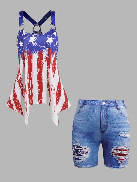 Plus Size American Flag Print Handkerchief Irregular Hem Tank Top And 3D Star Striped Print Jeggings Shorts Patriotic Outfit
