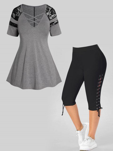 Plus Size Lattice Strap Flower Lace Panel T Shirt And Lace Up Eyelet Capri Leggings Casual Outfit