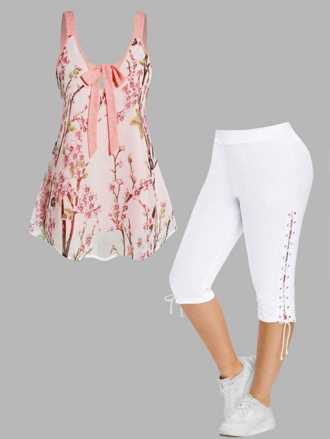 Plus Size Peach Blossom Print Chiffon Overlay Bowknot Tank Top And Lace Up Eyelet Capri Leggings Casual Outfit