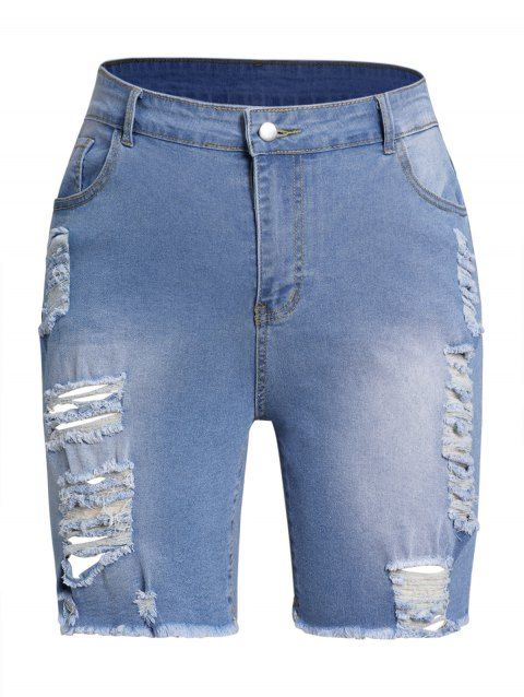 Plus Size Jeans Shorts Distressed Zipper Fly Multi Pockets Frayed Hem Denim Shorts