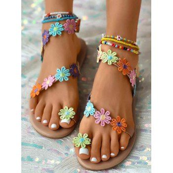 Colored Flowers Beaded Slip On Open Toe Flat Platform Outdoor Sandals