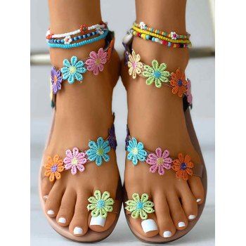 

Colored Flowers Beaded Slip On Open Toe Flat Platform Outdoor Sandals, Multicolor a