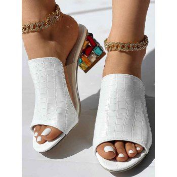 

Embossed Colored Artificial Crystal Chunky Heels Slip On Outdoor Sandals, White