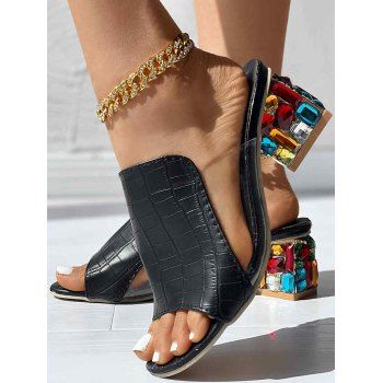 

Embossed Colored Artificial Crystal Chunky Heels Slip On Outdoor Sandals, Black