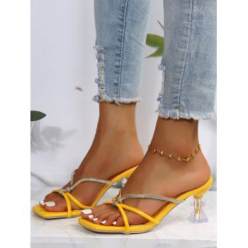 

Rhinestone High Heels Slip On Square Toe Outdoor Slippers, Yellow