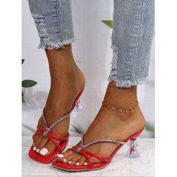 

Rhinestone High Heels Slip On Square Toe Outdoor Slippers, Red