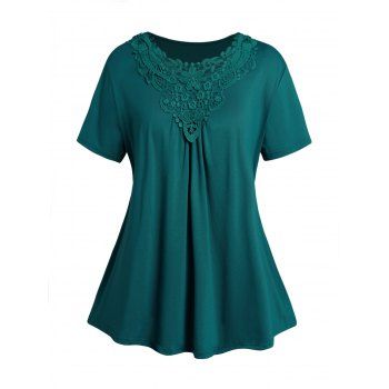 

Plus Size T Shirt Hollow Out Lace Panel Plain Color Round Neck Casual Tee, Green