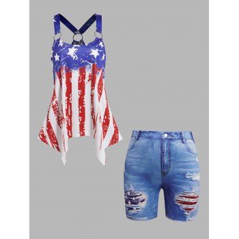 

Plus Size American Flag Print Handkerchief Irregular Hem Tank Top And 3D Star Striped Print Jeggings Shorts Patriotic Outfit, Multicolor a